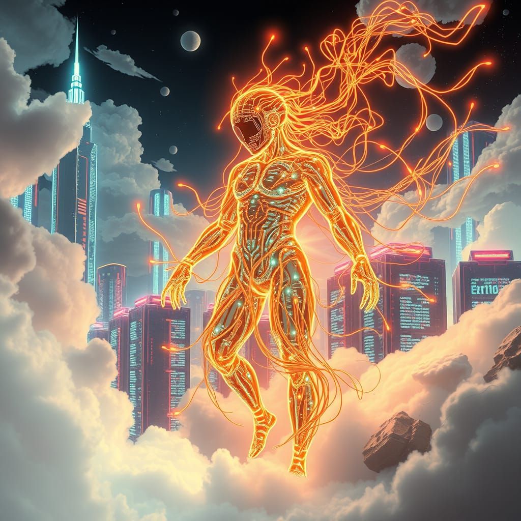 Cybernetic Being Radiates Innovation in Futuristic Landscape