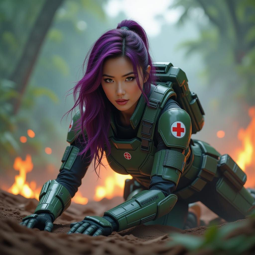 Fiery Jungle Combat Zone: Asian Medic in Futuristic Suit
