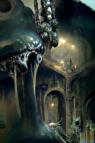 Alien Temple Sculpture in Biopunk Art Nouveau Style
