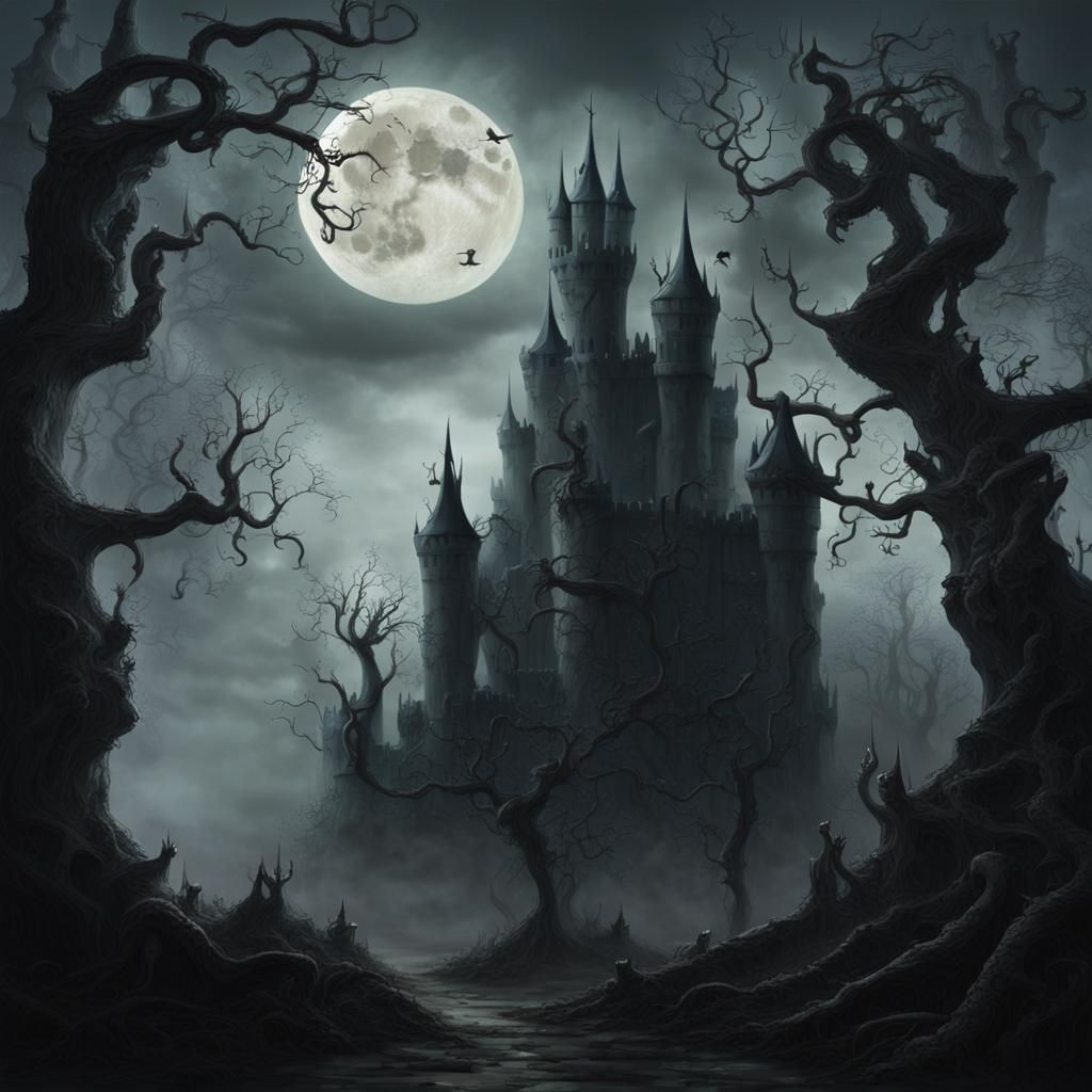 Eerie Gothic Castle in Misty Forest
