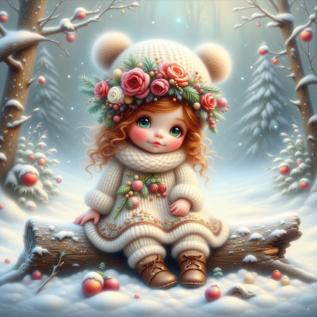 Whimsical Winter Scene With Child on Snowy Log