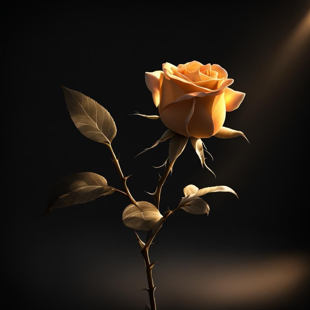 single yellow peach rose, ray of sunlight behind the rose, dark background, 3D shading,