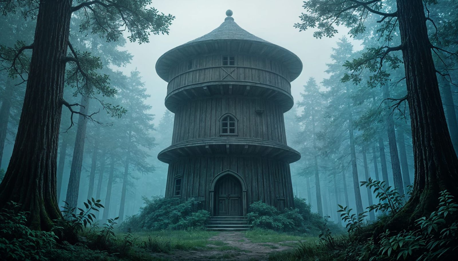 Mysterious Wooden Tower in Forest