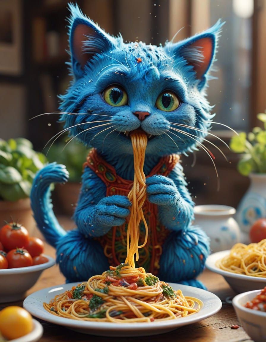Vibrant Cartoon Cat Smurf in Whimsical Dress Eating Spaghett...