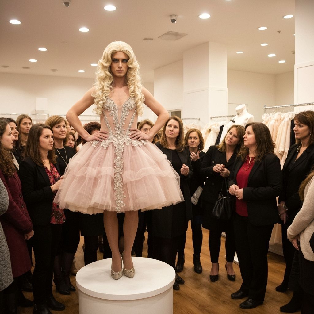 Crossdressing Man Poses in Ballgown at Dress Shop
