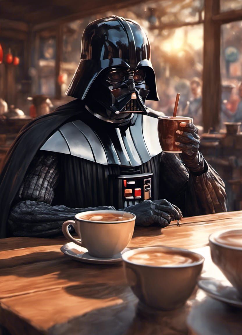 Darth Vader Enjoying Hot Chocolate in Cafe