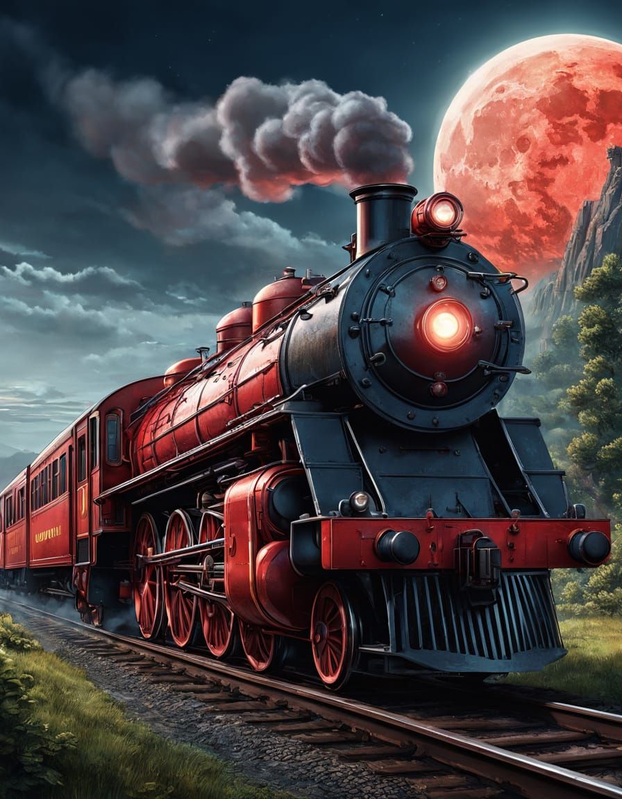 Strawberry Moon Races Red Steam Train: 3D Art