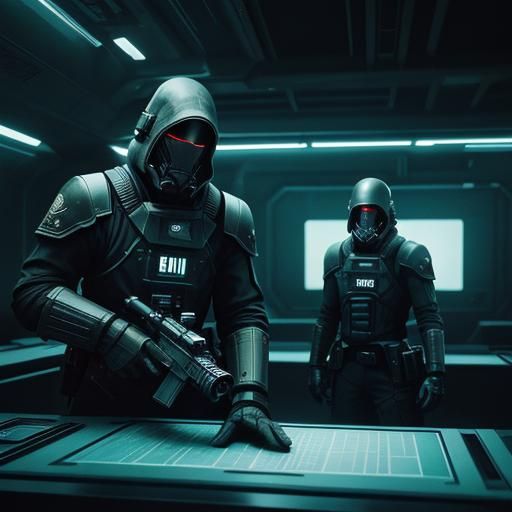 Bounty Hunters Reviewing Wanted Posters in Space