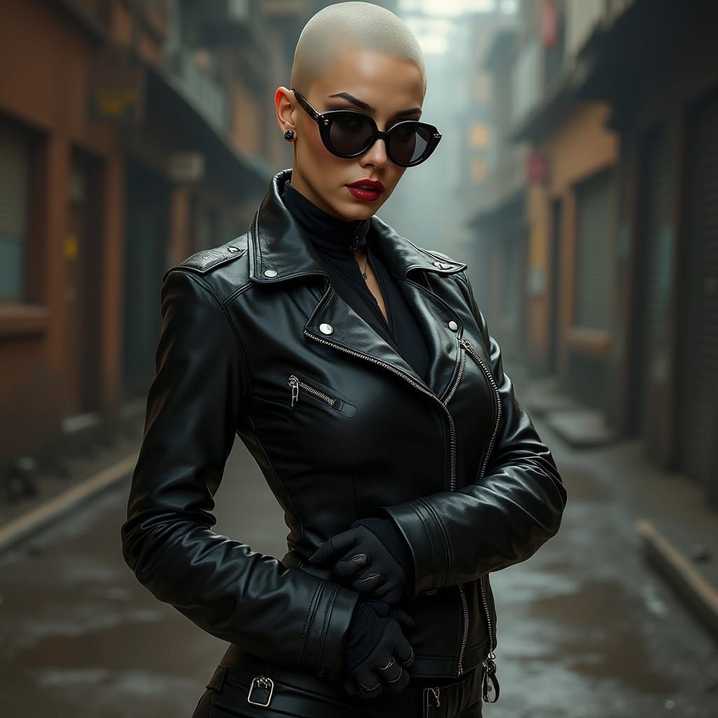 Confident Bald Woman in Urban Landscape