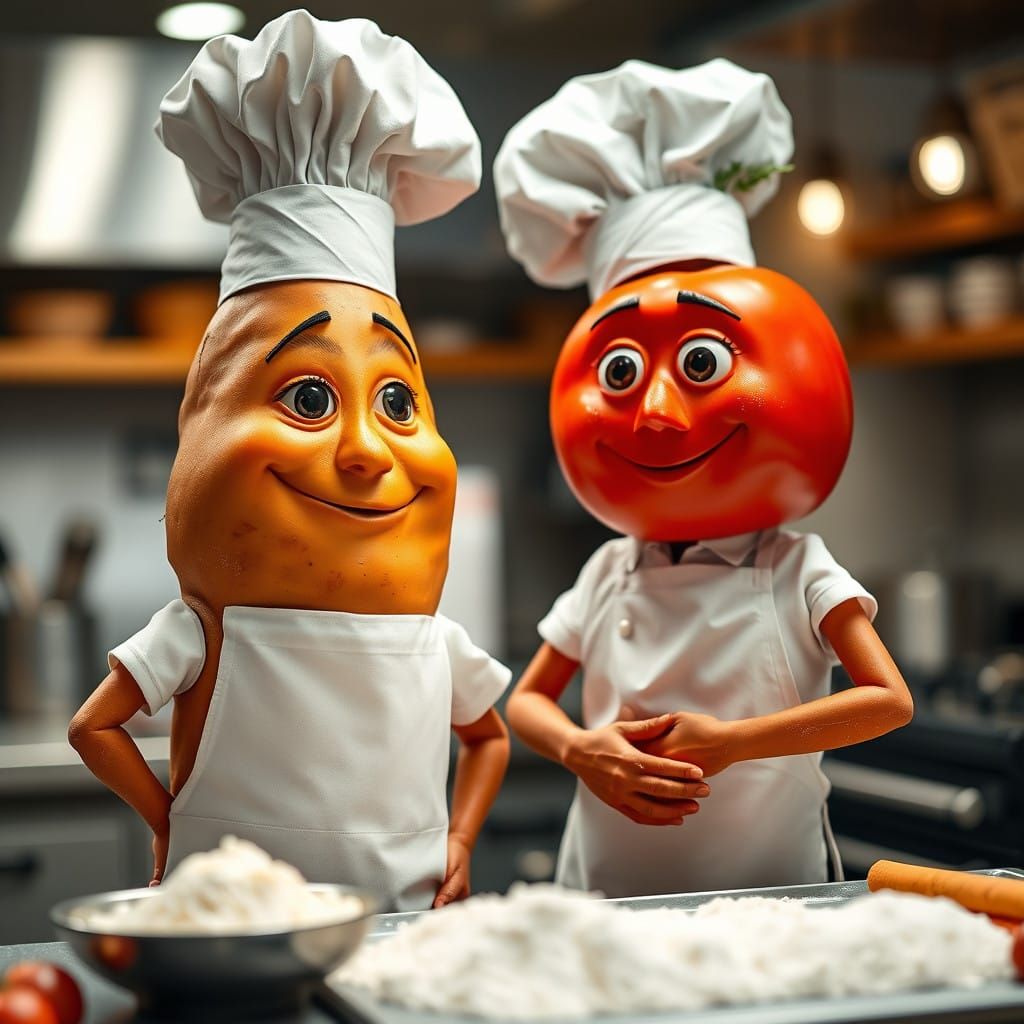 Anthropomorphic Chefs Share Recipes in a Vibrant Kitchen Set...