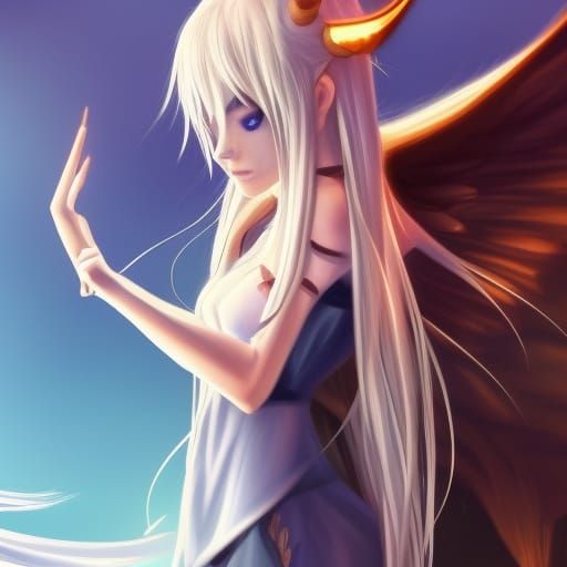 Demon with Blonde Hair, Blue Eyes, and White Horns