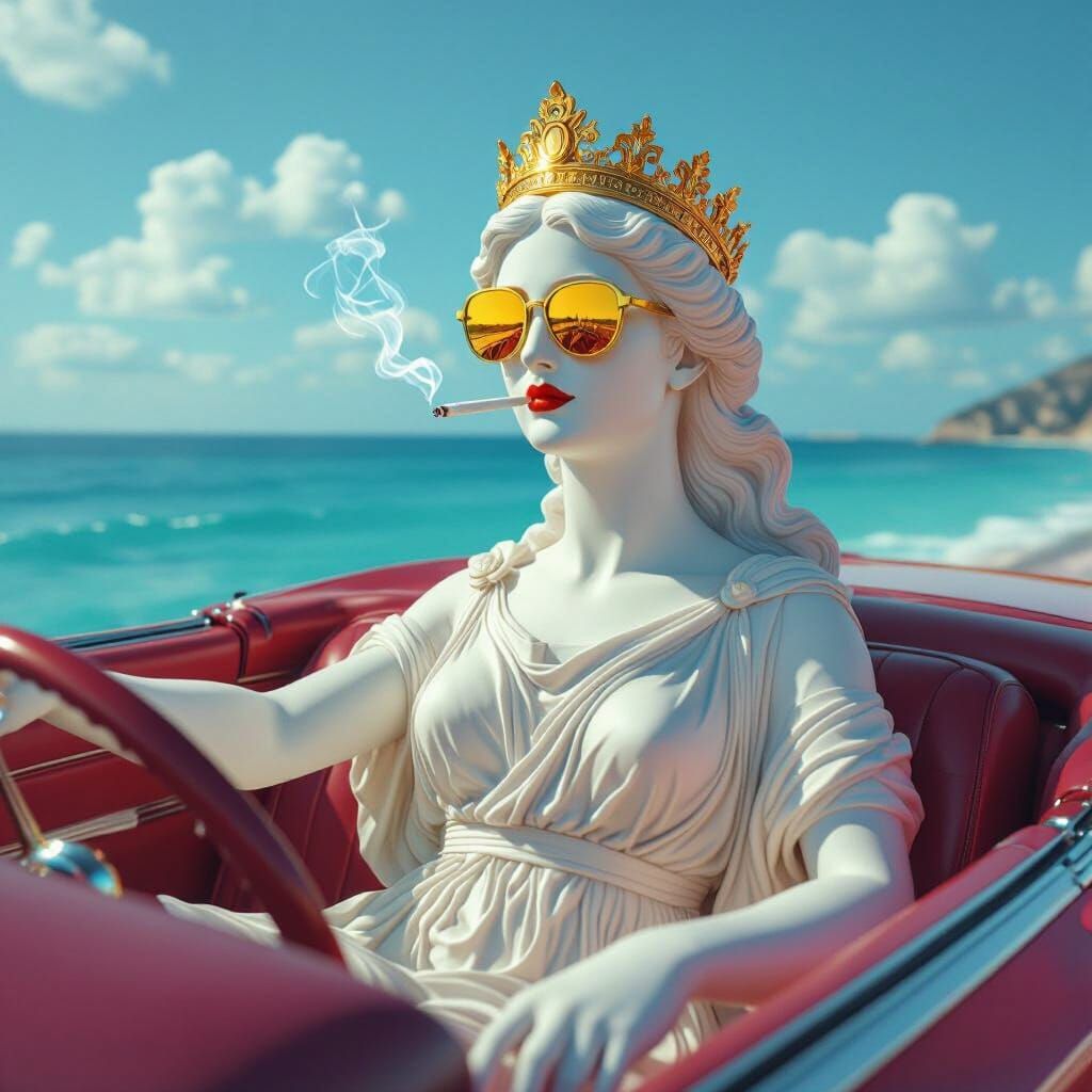 Marble Goddess Drives Red Cabriolet in Surreal Scene