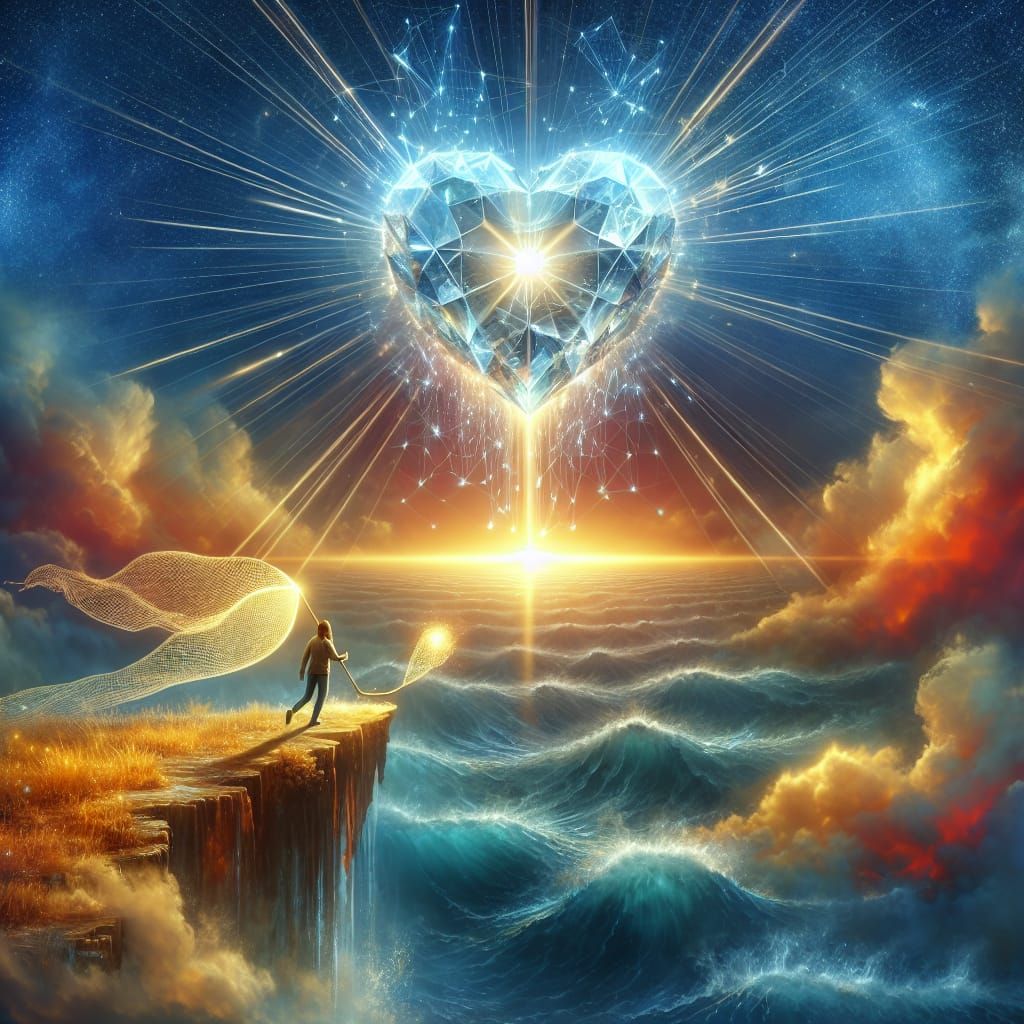 Ethereal Voyager Reaching for a Radiant Crystal Heart