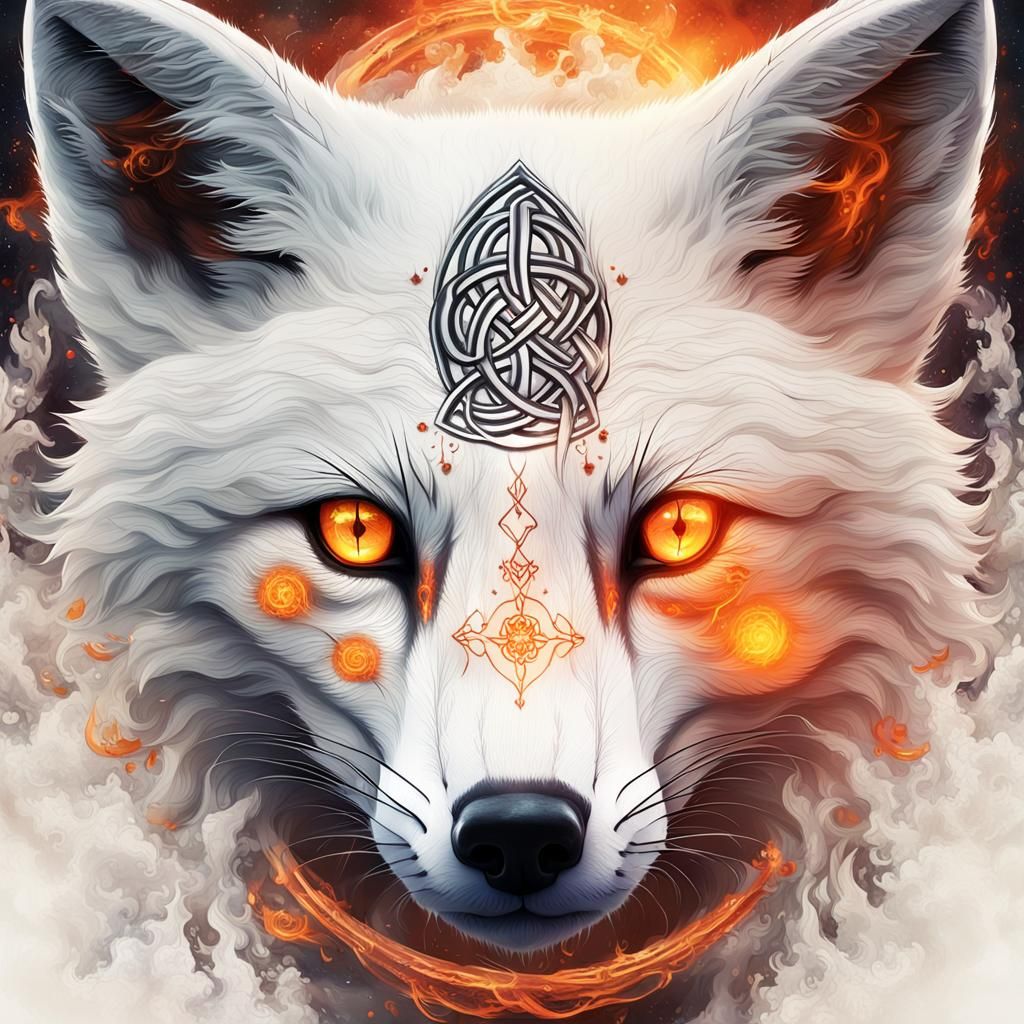 Celtic Fox Portrait with Fiery Tail in Double Exposure