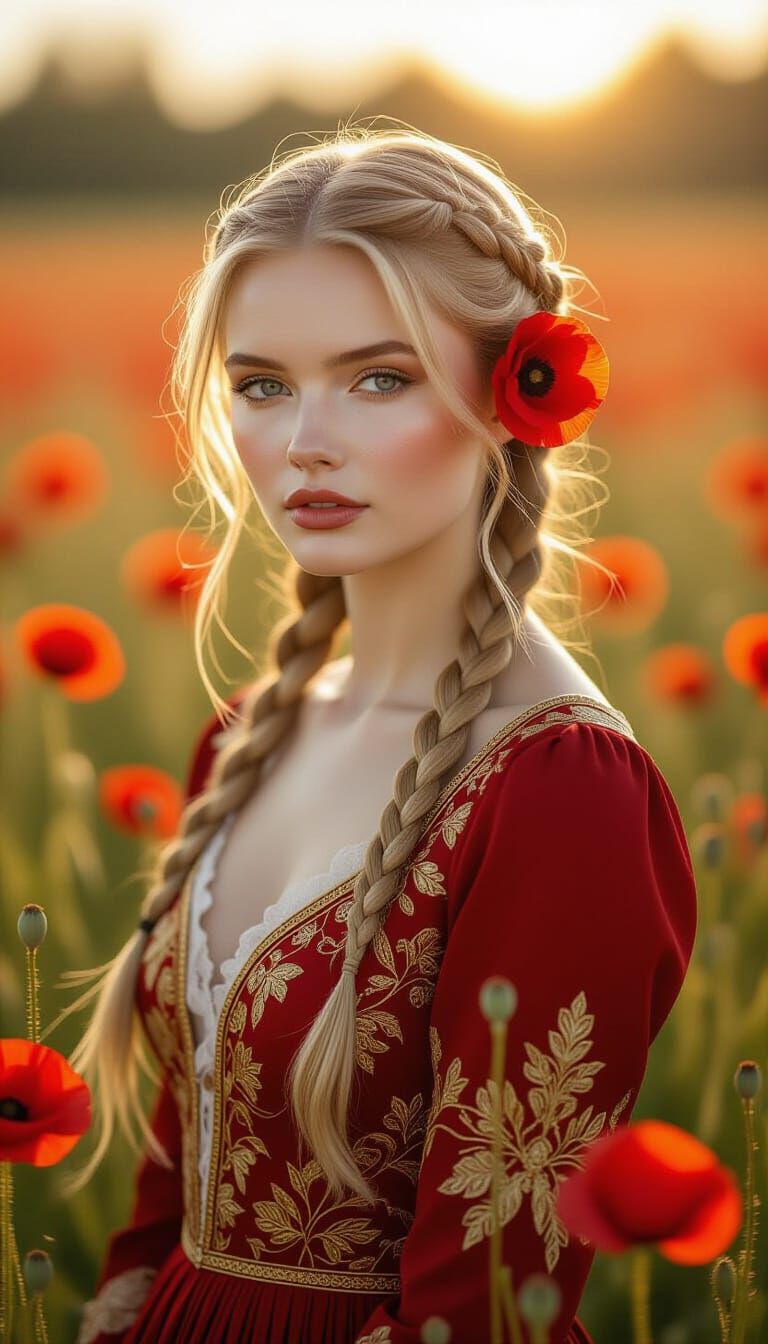 Ethereal Nordic Woman in Poppy Field, Photorealistic