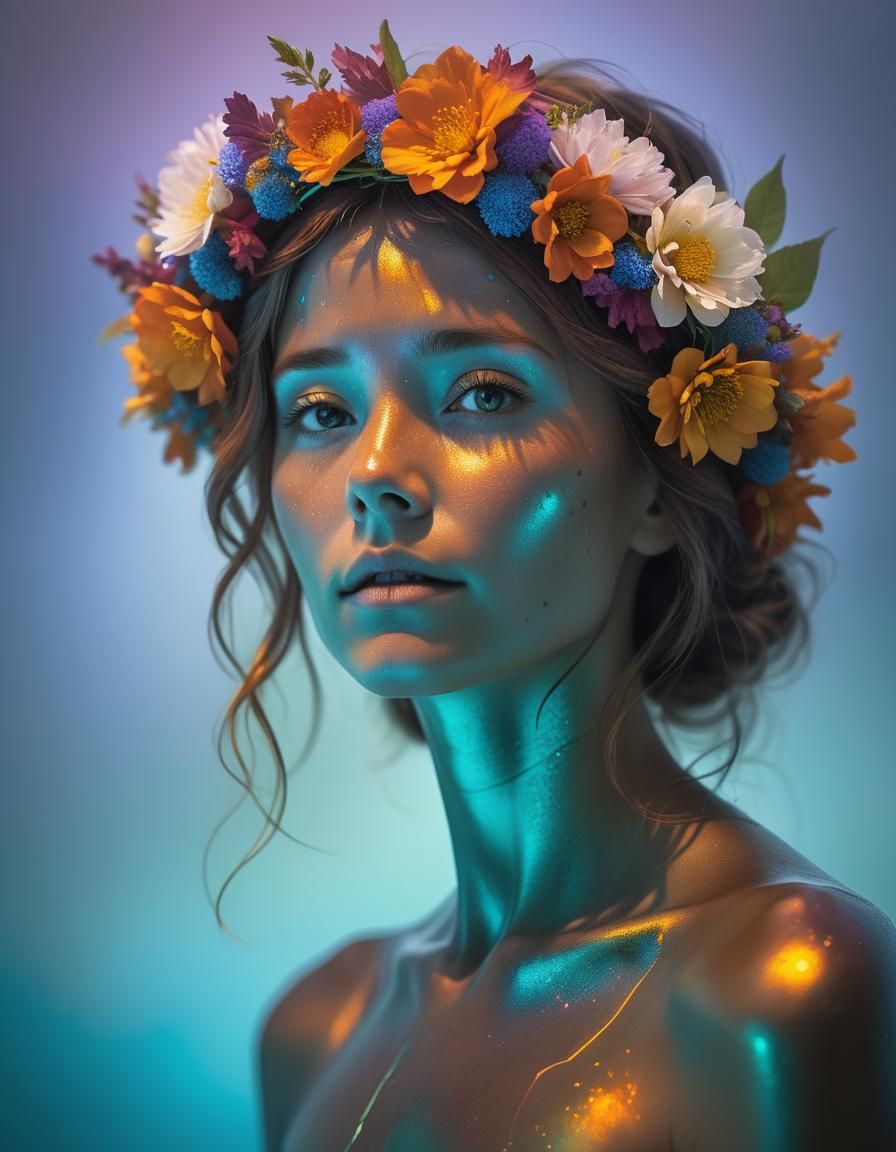 Woman with Flower Crown in Polychrome Metallic Style