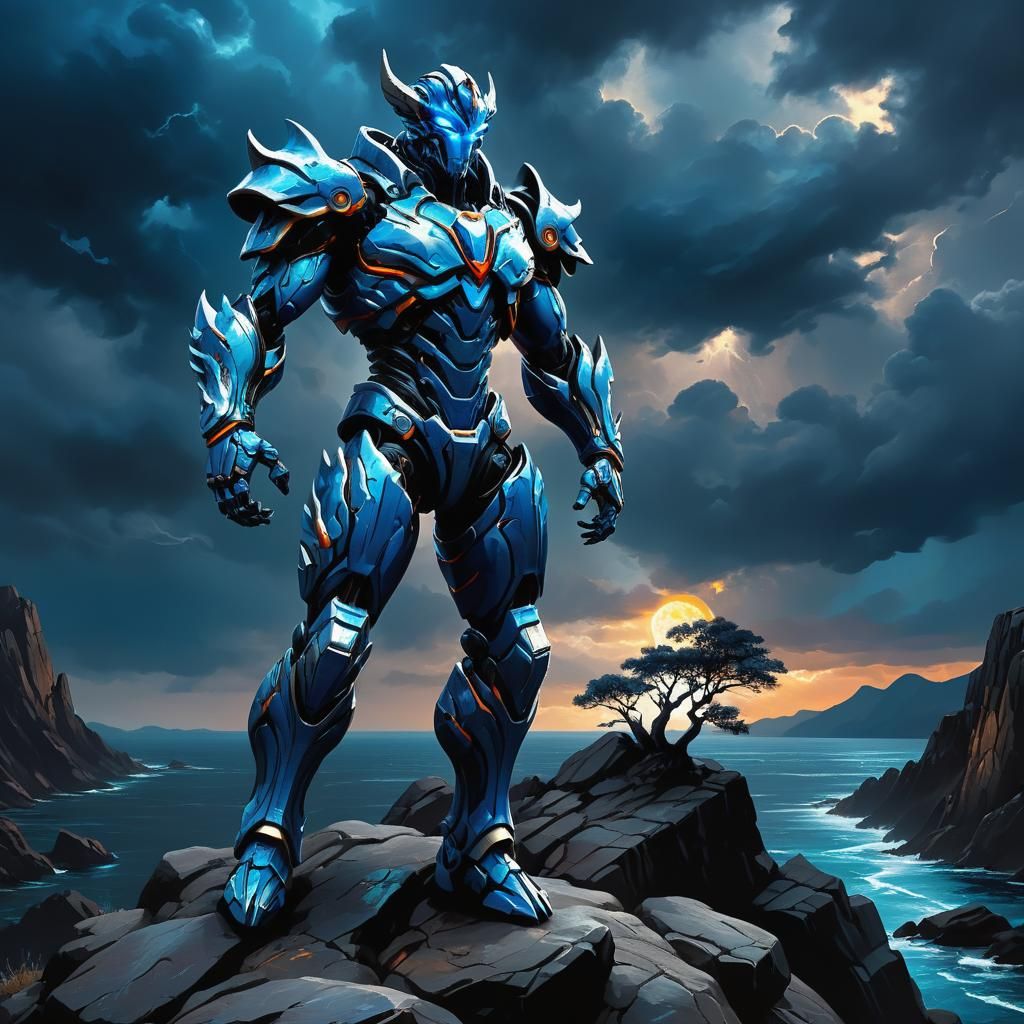 Bio-Organic Guyver on Rocky Cliff in Oil Painting Style