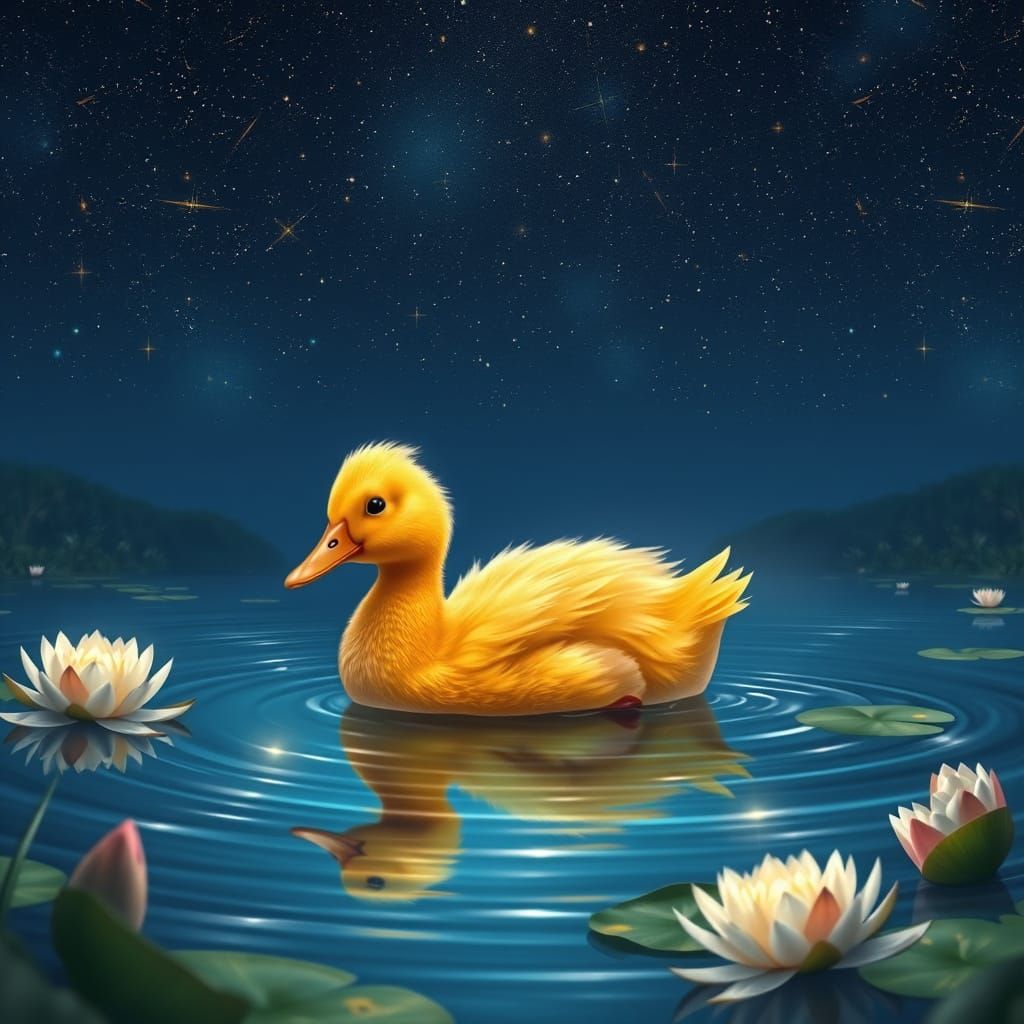 Majestic Golden Duckling in Dreamlike Fantasy World