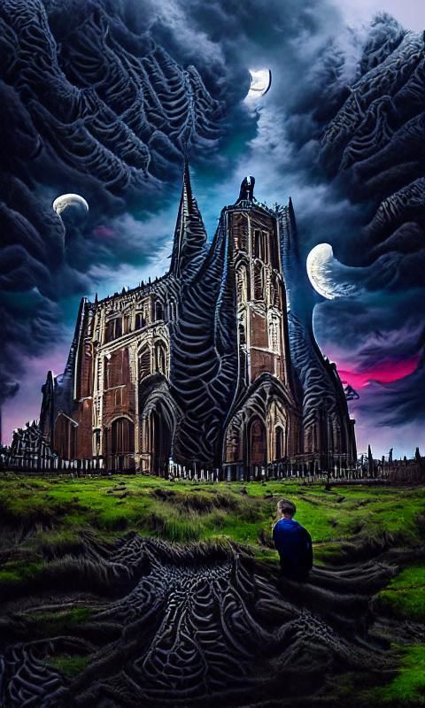 Ominous Gothic Cathedral in Dark Moonscape