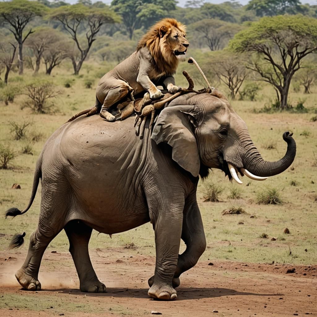 Lion Rides Elephant: An AI-Generated Scene