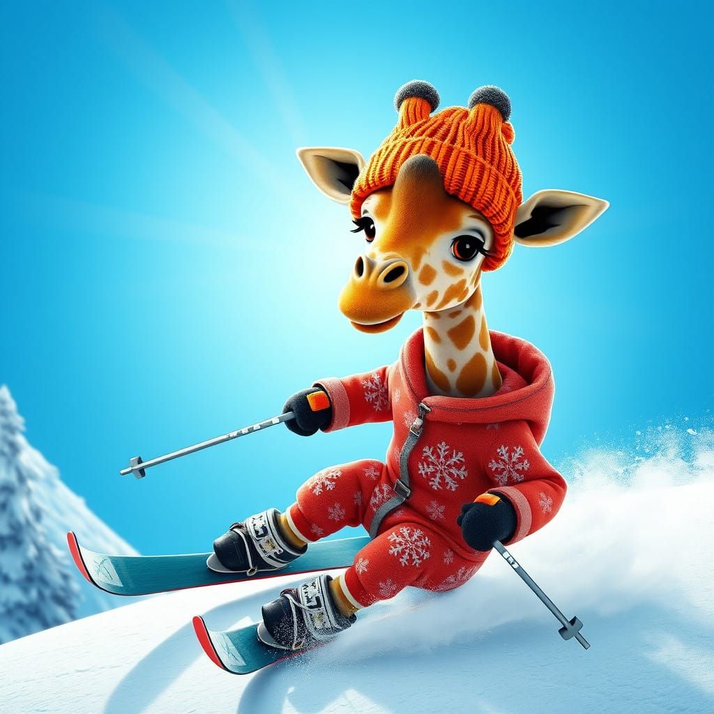Giraffe Skiing in Vibrant Style