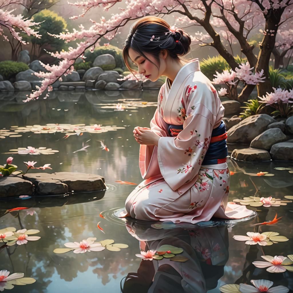 Girl in Kimono by Koi Pond: Digital Matte Painting