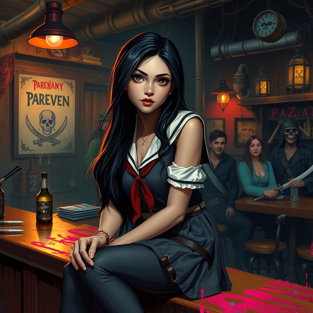 Fantasy Schoolgirl Sits in Pirate Tavern, Blending Street Ar...