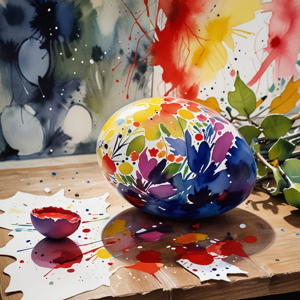 Vibrant Easter Egg Still Life in Watercolor and Ink Style