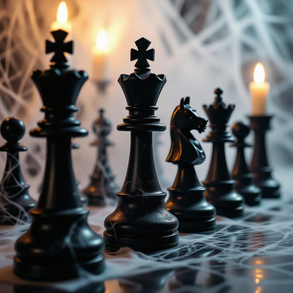 Gothic Chess Pieces in Dark Cinematic Scene