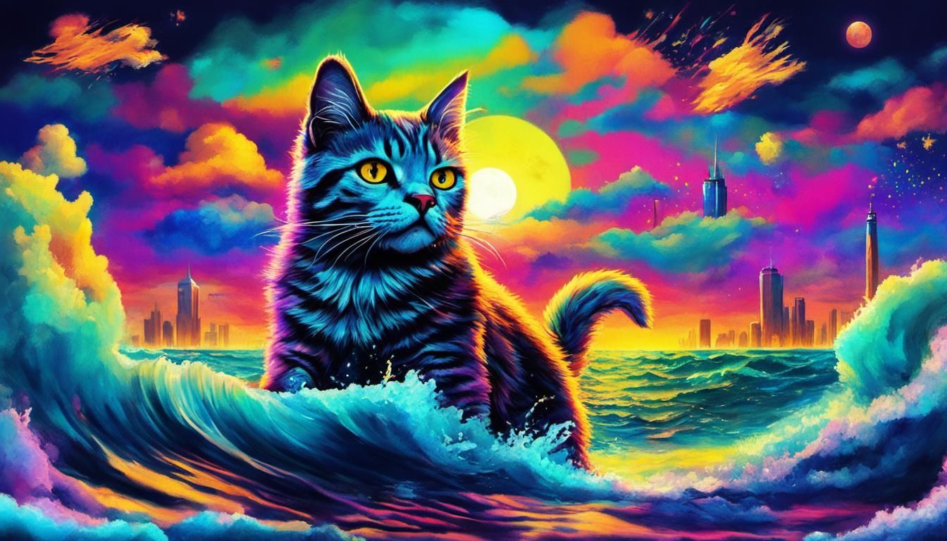 Cat Surfing Ocean Waves in Surreal Cyberpunk Style