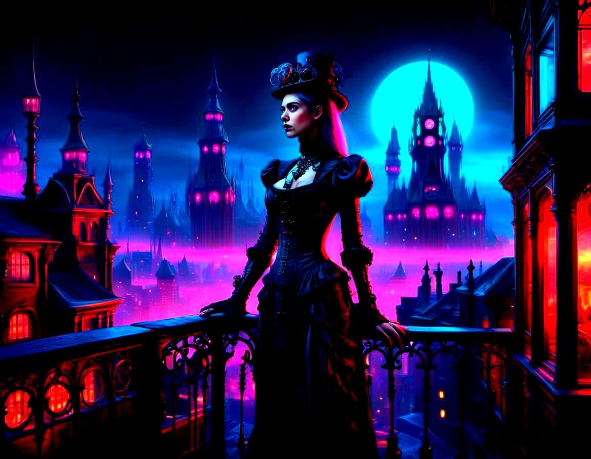 Gothic Woman Overlooking Steampunk City in Neon Lights