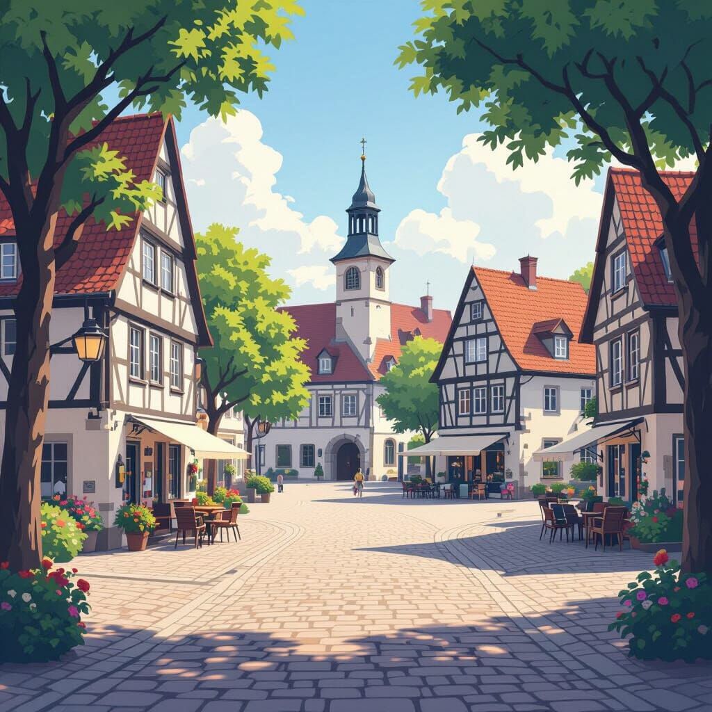Modern Minimalist North German Village Square in Cartoon Sty...