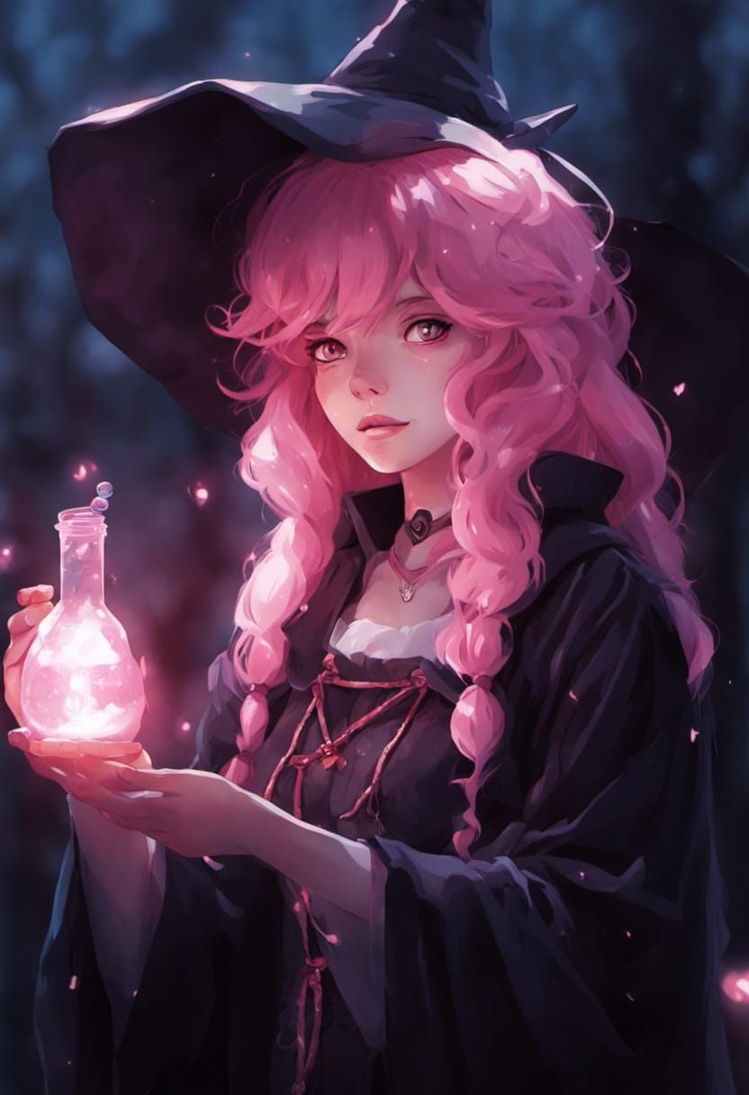 Pink-Haired Witch with Glowing Potion, Anime Style