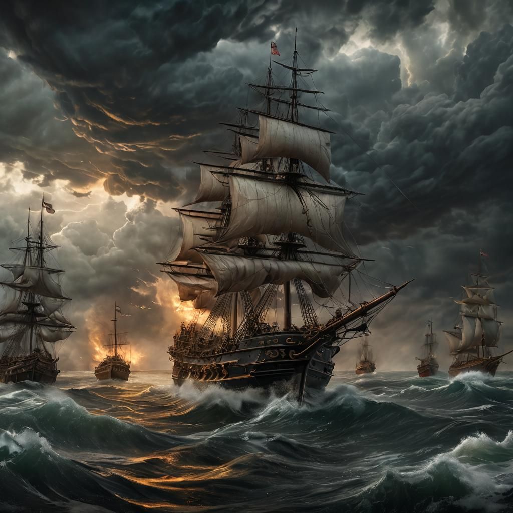 Dramatic Seascape Battle Scene in Oil Painting Style