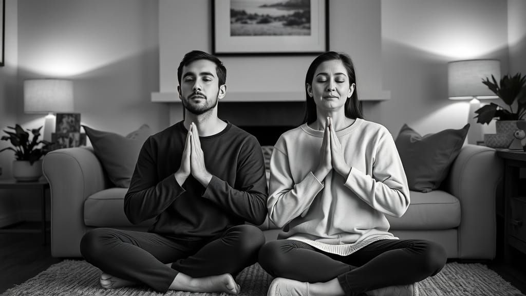 Expecting Couple in Serene Black and White Bonding Moment