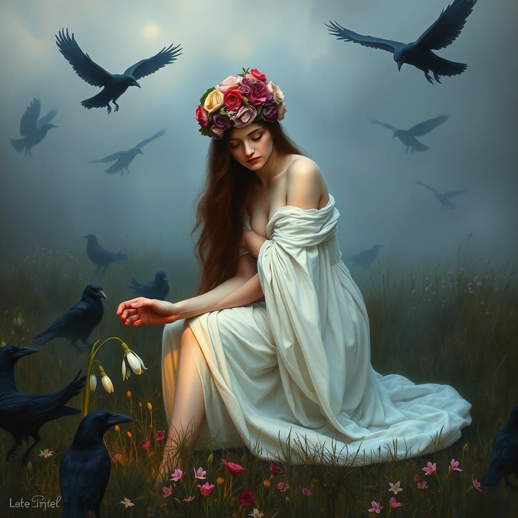 Goddess in Twilight Meadow: A Pre-Raphaelite Vision