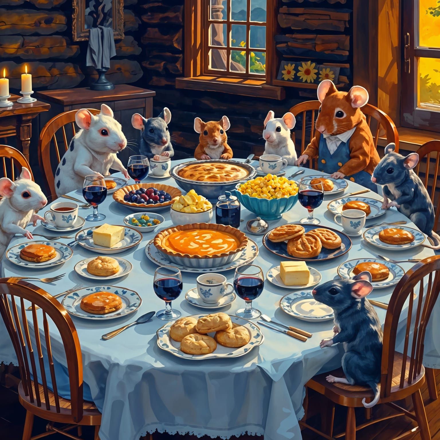 Cute Mice Feast in Cozy Log Cabin