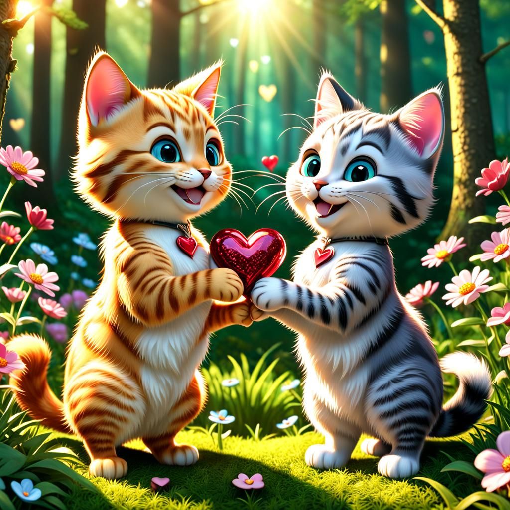 Cats Exchange Hearts in Sunny Woodland: 3D Digital Art