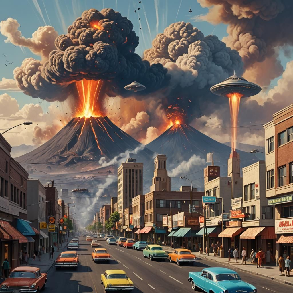 Googie Cityscape with Volcano and UFO