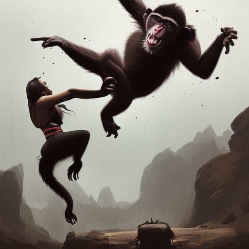 Sinister Monkey Wrestles Woman in Greg Rutkowski Style