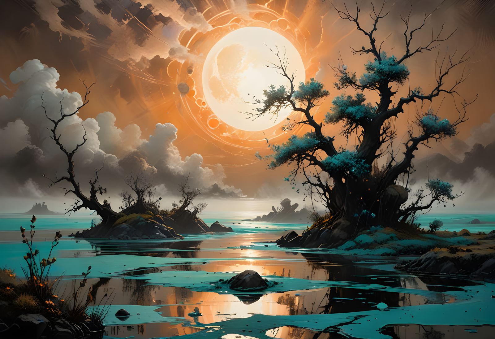 Bioluminescent Landscape with Inverted Colors as Impasto Pai...