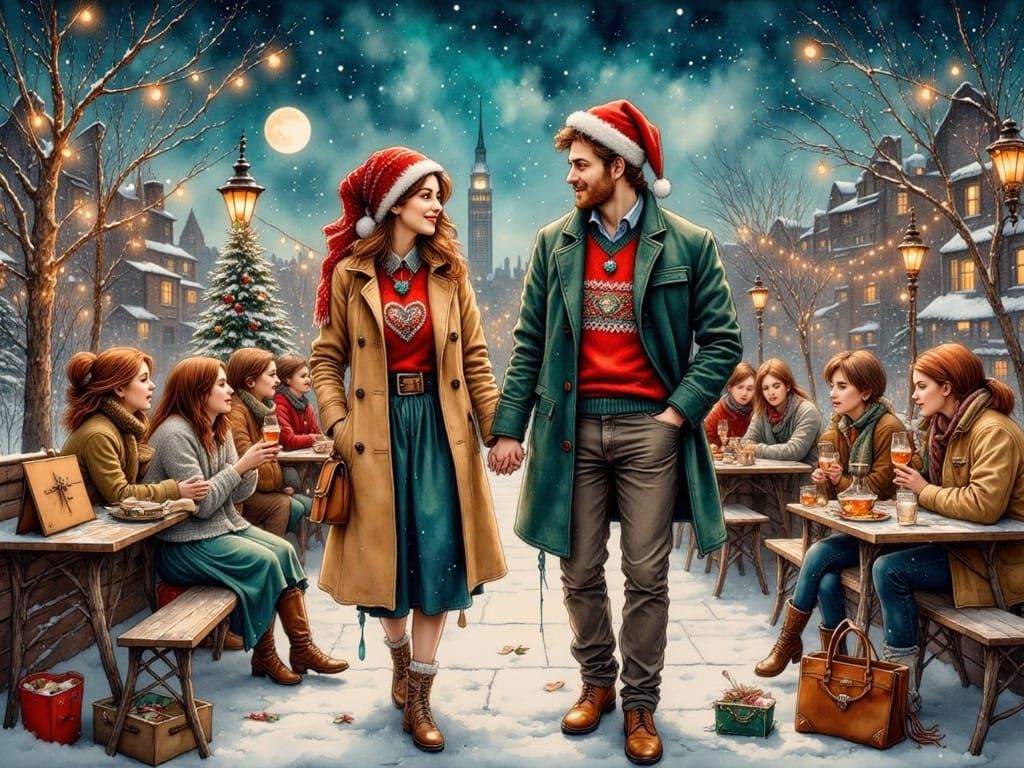 Whimsical Christmas Scene in Vibrant Colors