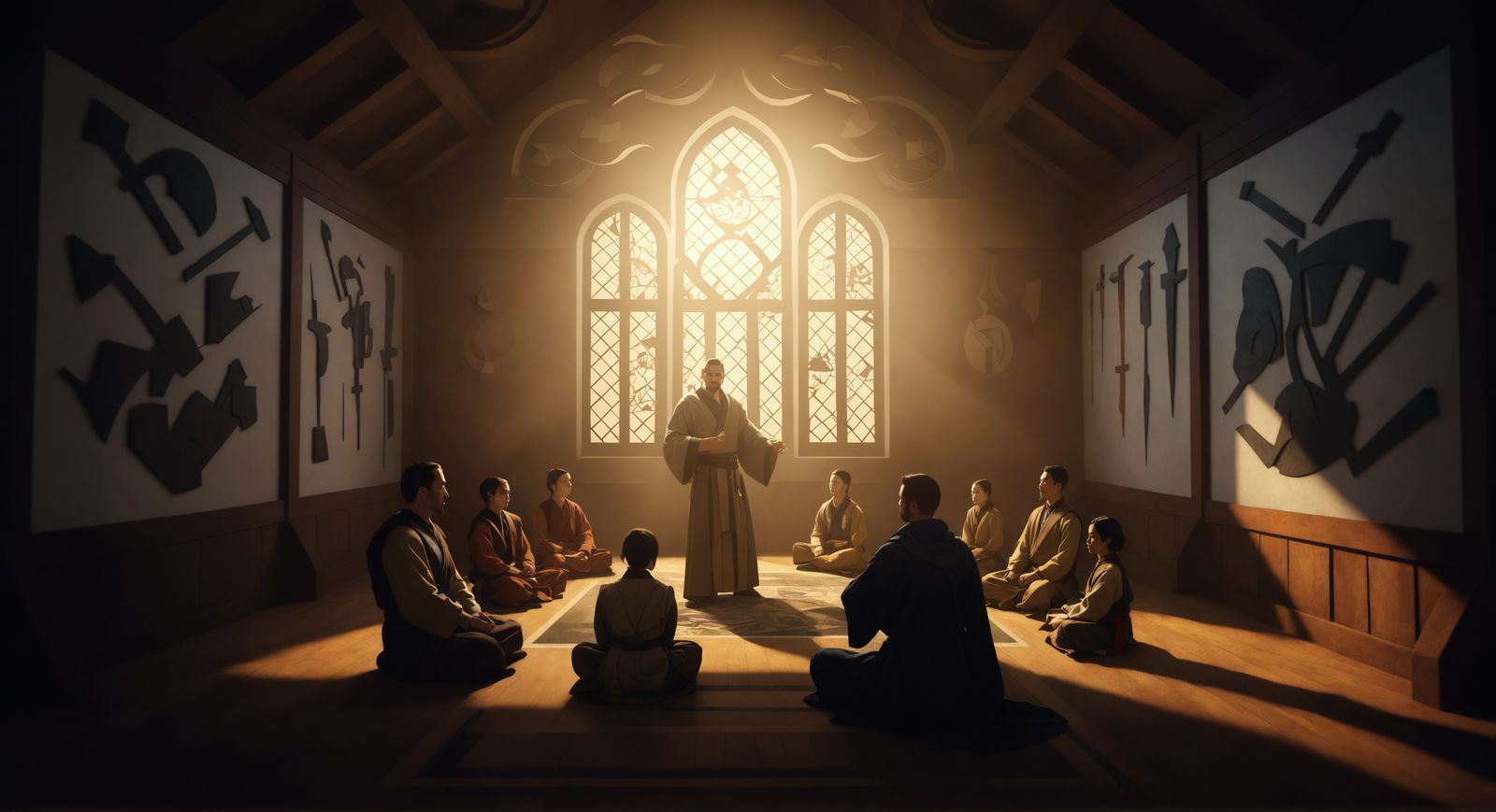 Cubist Martial Arts School with Geometric Weapons