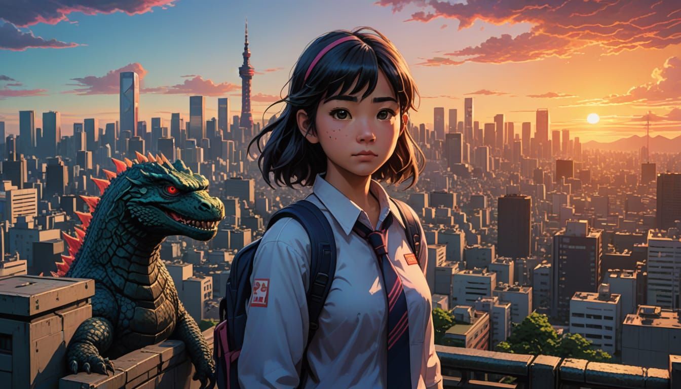 Confident Schoolgirl Confronts Godzilla in Vibrant Tokyo