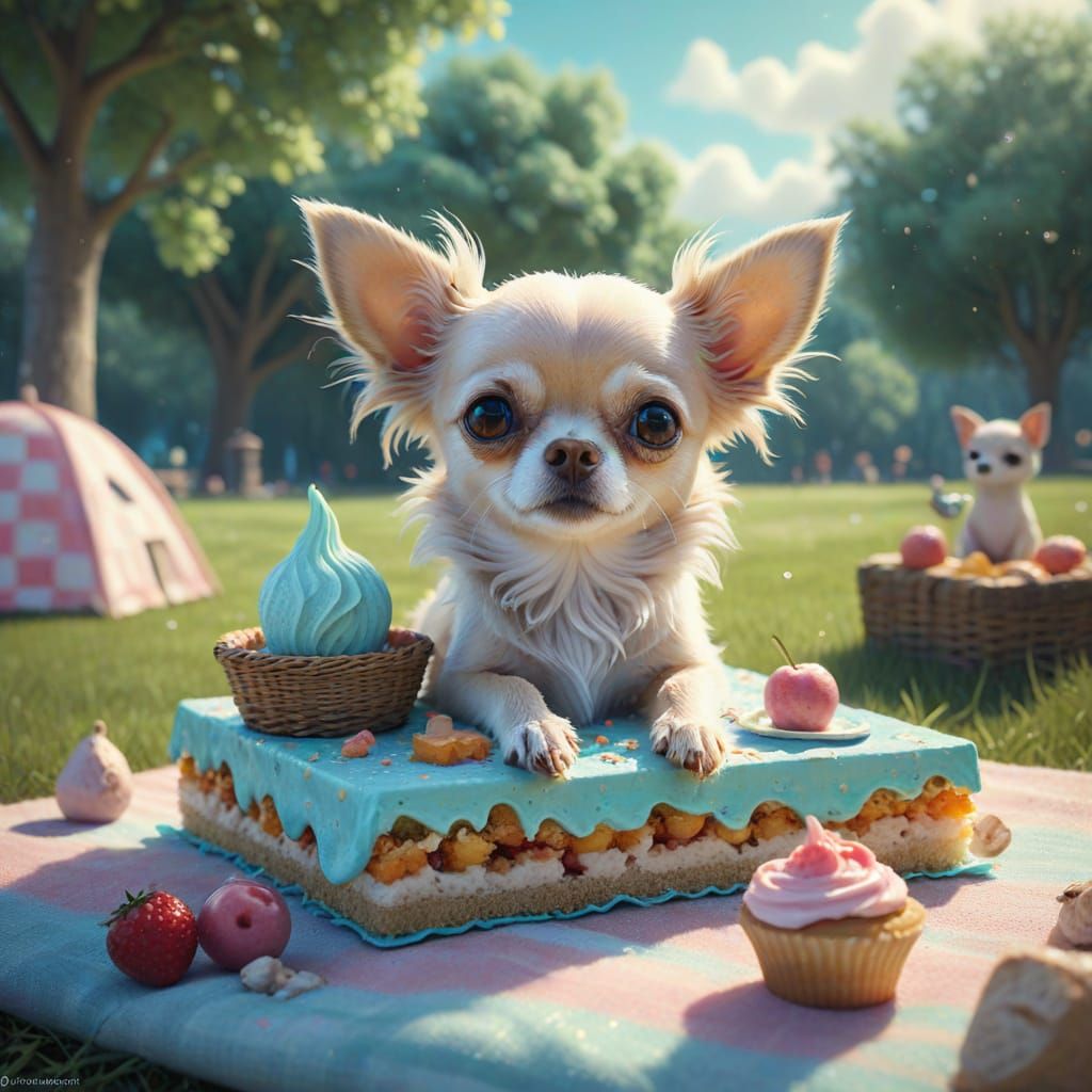Fluffy Chihuahua in Surreal Pastel Picnic
