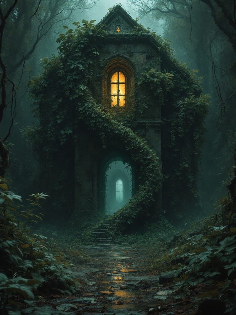 Mystical Abandoned Structure in Overgrown Landscape
