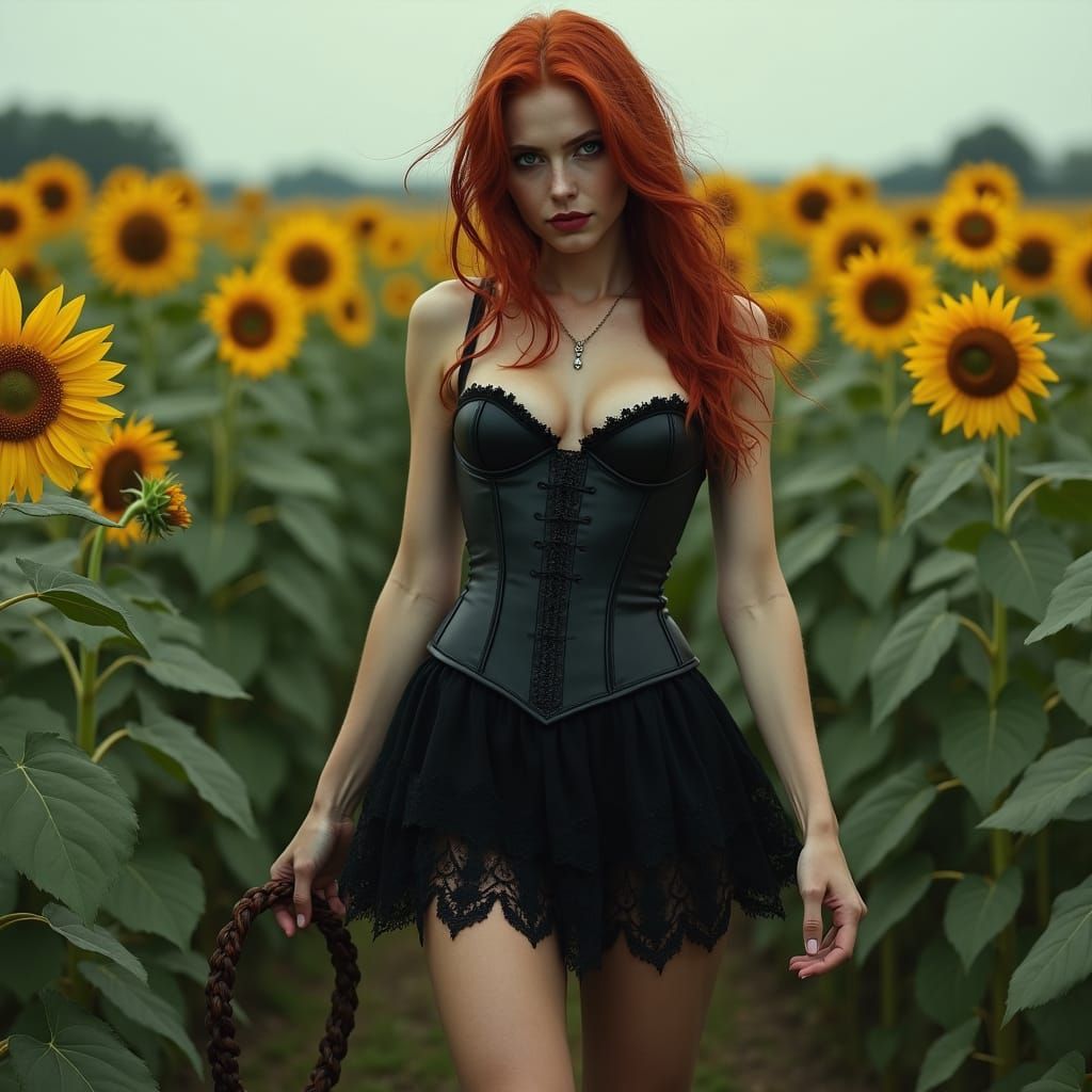 Sinister Redhead with Whip in Sunflower Field