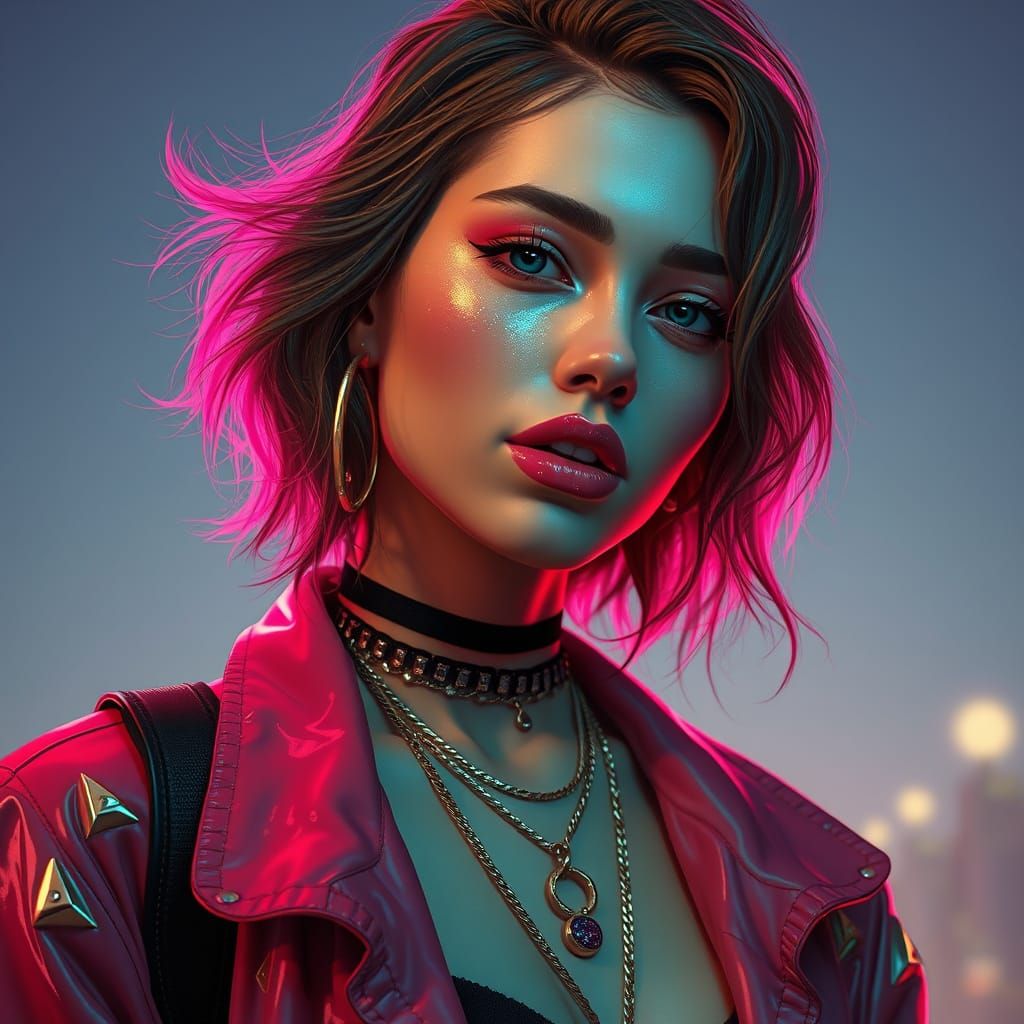 Glitchy Woman in Vaporwave Style, Digital Painting