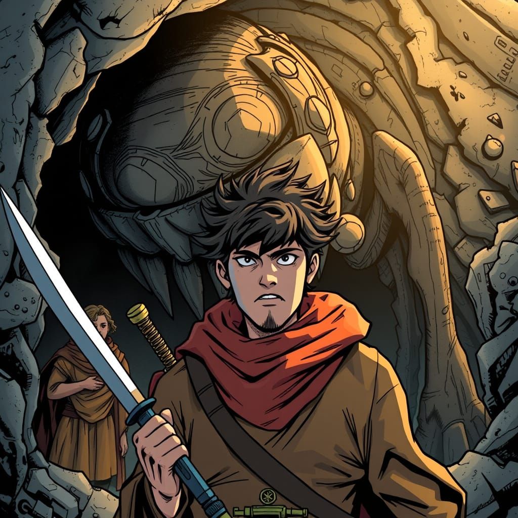 Greek Explorer Confronts Cyclops in Manga Style