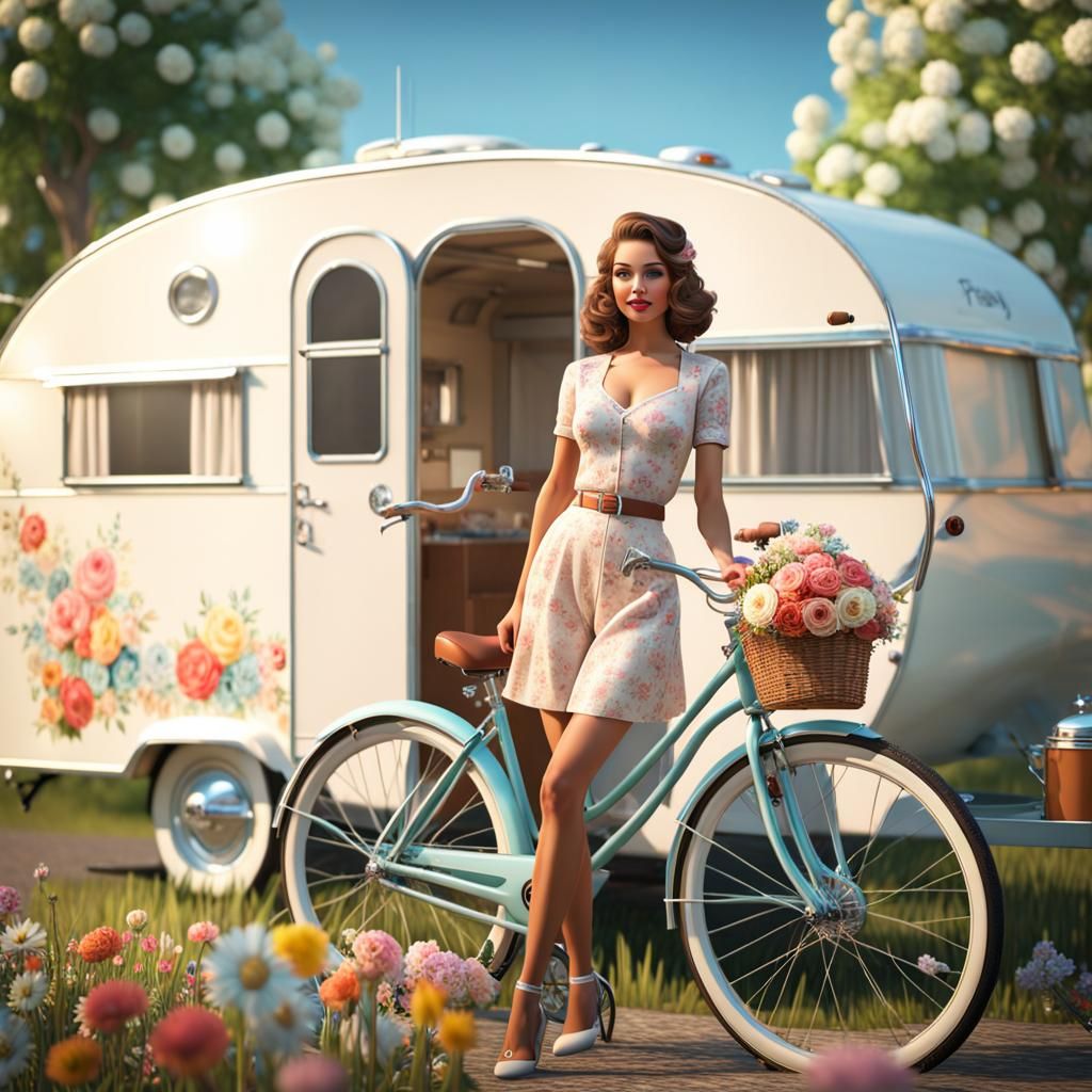 Vintage Travel Trailer with Girl on Bicycle